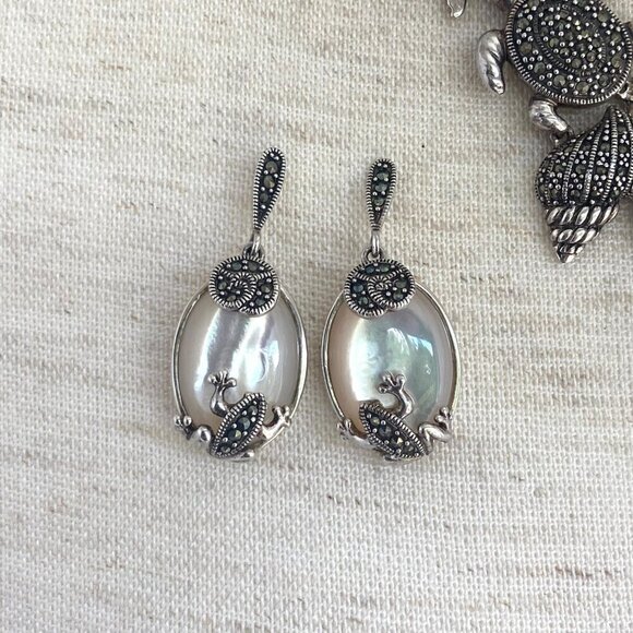 Sterling Silver 925 MOP Marcasite Sea Life Shell Panel Necklace & Earring Set - Picture 7 of 16